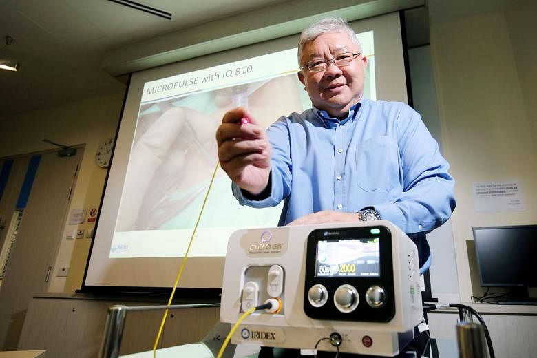 NUH Associate Professor Paul Chew with a micropulse laser probe used to perform the treatment he developed. There were almost no side effects reported by patients who underwent the new treatment.