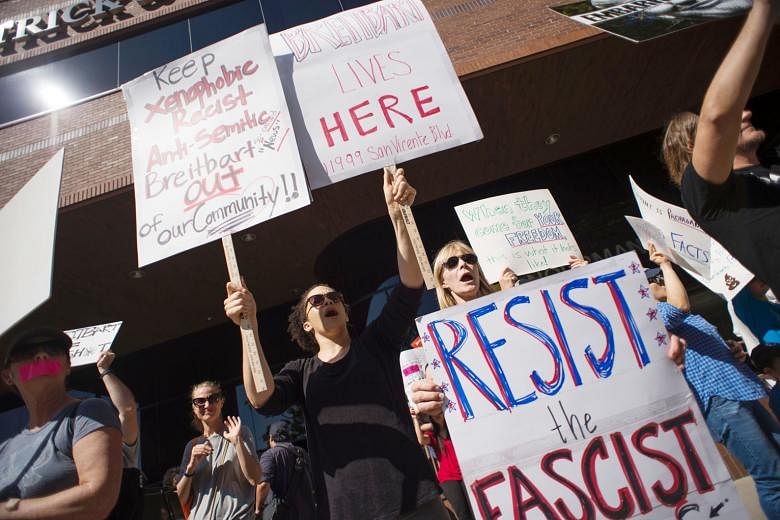 A protest in March in Los Angeles against what the protesters described as Breitbart's propaganda for the Trump administration. AppNexus determined Breitbart's site not to be compliant with its hate speech policy, and stopped placing the political si