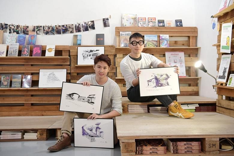 Booktique owner Anthony Koh Waugh (right) and illustrator Chen Yi Xi with the latter's sketches. The store's final event will be the launch of Mr Chen's art book Xi The World and an exhibition of his works.