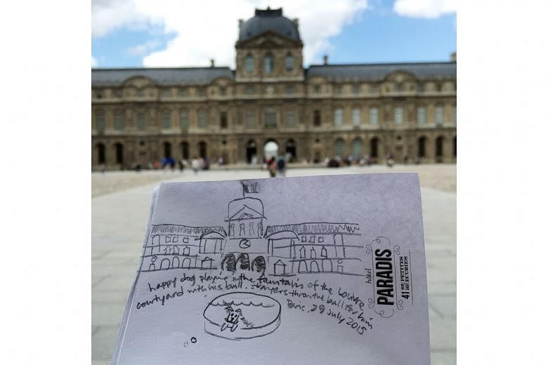 The writer's doodles while in Paris. She finds it satisfying to be absorbed in creating rough drawings about little moments in life.