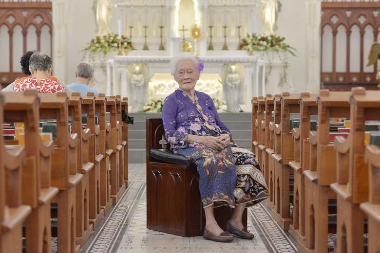 Madam Theresa Lai An Noi (above), 96, was brought to Singapore in 1936 from Penang by Father Michael Seet. She lived with the Seet family in one of the 11 houses on the church grounds. The Church of Saints Peter and Paul conducts most services in Eng