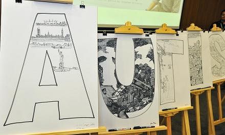 Sketch by Stephen Wiltshire on the extreme left, together with other sketches done by students from Pathlight School's Artist Development Program on July 21, 2014. -- ST PHOTO: LIM YAOHUI FOR THE STRAITS TIMES