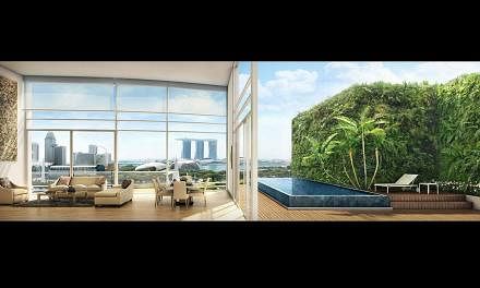 Artist's impressions of an amenity deck with an infinity swimming pool (above), which will have lush plants such as the Erythrina tree; and the sheltered dining space The Galleria (above left), below a glass roof at the upcoming Capitol Singapore. Mr