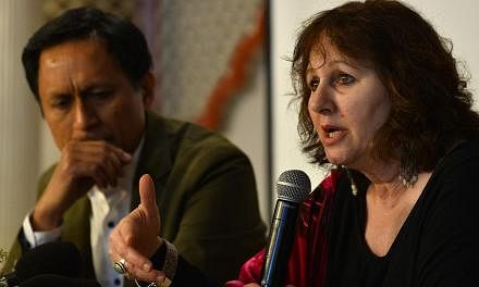 Leslee Udwin (right), director of the documentary India's Daughter, gestures during a press conference alongside her co-producer Indian TV journalist Dibang (left) in New Delhi on March 3, 2015. -- PHOTO: AFP&nbsp;