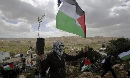Palestinian protesters from the village of Wadi Fukin carry olive trees and Palestinian flags as they mark the anniversary of Land Day near the Israeli settlement of Beitar Illit on March 30, 2015.&nbsp;Palestine formally joined the International Cri