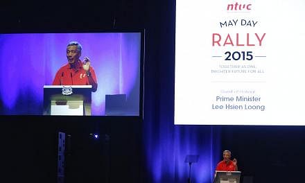 Prime Minister Lee Hsien Loong addressing some 4,000 union leaders, key representatives from the Labour Movement and tripartite partners at the National Trades Union Congress (NTUC) May Day Rally on May 1, 2015.&nbsp;-- PHOTO: KEVIN LIM