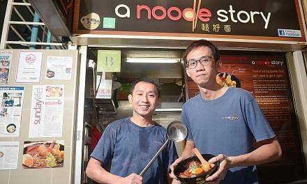 Zi char eateries New Ubin Seafood (far left) and JB Ah Meng always draw crowds at meal times. Mr Gwern Khoo (above left), 35, and Mr Ben Tham, 34, own A Noodle Story Mr Douglas Ng, 25, owner of The Fishball Story