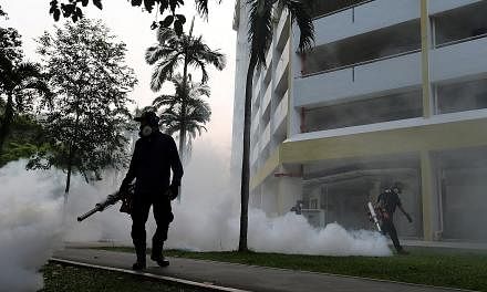 Fogging being done in Aljunied Crescent yesterday. Of the 41 people here infected with the Zika virus, 34 have fully recovered. The other seven, who still show symptoms and are potentially infectious, are recovering in hospital. All of them either li