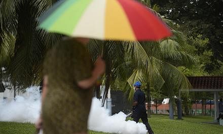 Fogging operation near Block 409 Bedok North Avenue 2 on Thursday. Zika infection does not pose a risk of birth defects for future pregnancies, if it is more than two months after the woman has recovered from Zika.