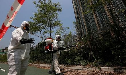 Workers from the Food and Environmental Hygiene Department in Hong Kong carrying out anti-mosquito measures outside a construction site near a residential area late last month. Seventy countries and territories have reported local mosquito-borne Zika