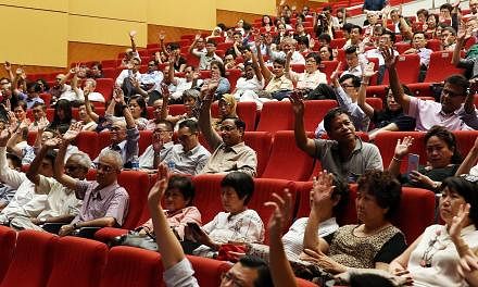 Community and grassroots leaders at the dialogue at ITE College East last night. During the session, Mr Shanmugam fielded questions and said the Government makes tweaks to the system that it feels are in the best interest of Singapore, even if the ch