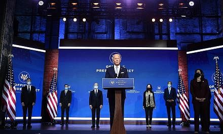 President-elect Joe Biden addressing the public on Tuesday from his hometown in Delaware, as he unveiled his picks for top foreign policy and national security positions. With him are Vice-President-elect Kamala Harris (far right) and his nominees, w