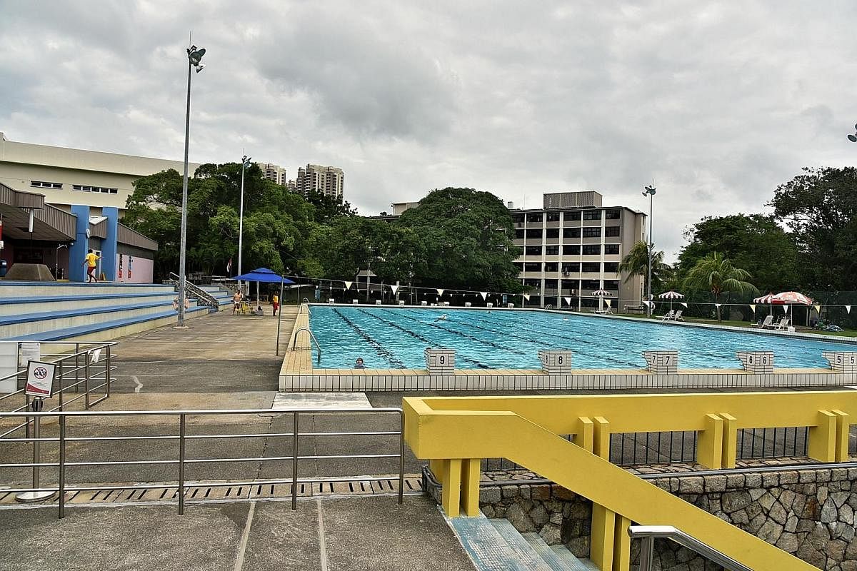 The Katong Swimming Complex (left), built in 1975, continues to lap up attention from swimmers. It has escaped the fate of the Yan Kit pool (bottom), which has been turfed over. The Queenstown Swimming Complex, built in 1970, makes waves as the train