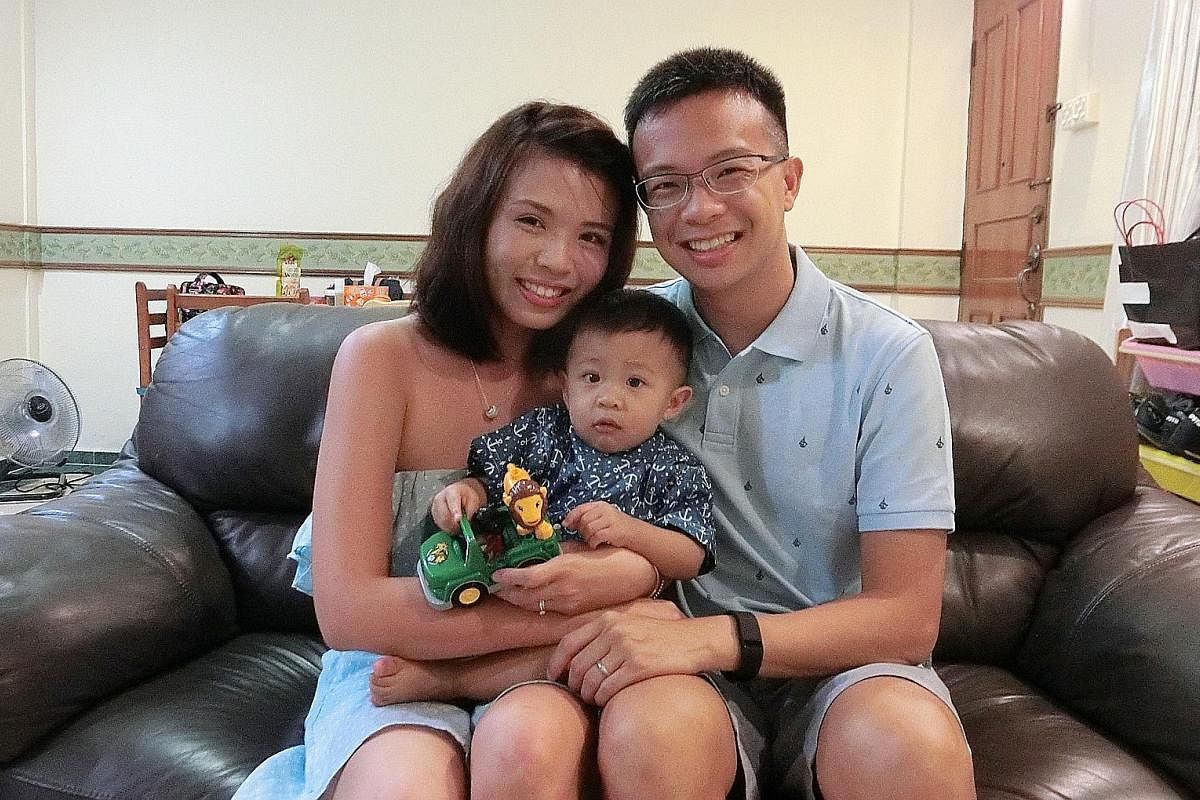 (Left) Major Kody Toh Guan Hong and his wife Joanna Khoo with their daughter Rayna, whom he bathes and takes to swimming class. (Right) Teacher Yonatan Ng and his wife Eunice Tan take turns doing chores, including changing the diapers of their son, N