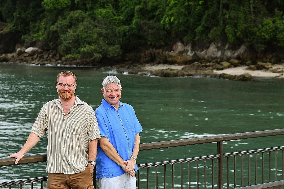 Prof Peter Todd (left) and Prof Stephen Hawkins at the Labrador Nature Reserve, one of the few places in Singapore that have rocky shores. Labrador Park was gazetted a nature reserve in 2002.