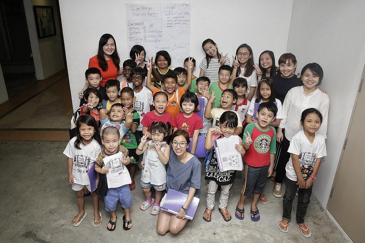 Volunteers and children from the Shining Star programme in Boon Lay. Under the programme, children from rental blocks and lower-income families are taught language skills. It is run by non-profit organisation Bringing Love to Every Single Soul and is