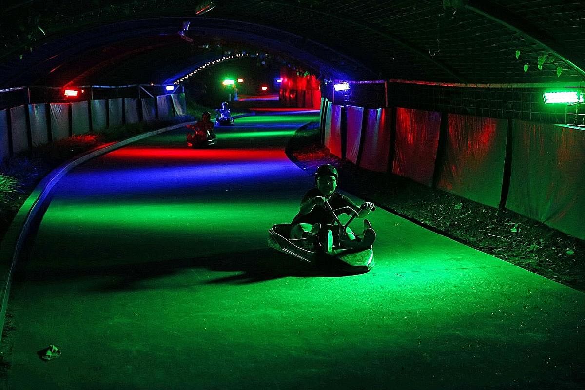 Skyline Luge Sentosa stays open till 9.30pm daily and its two luge trails glow with multi-coloured lighting in the evening.