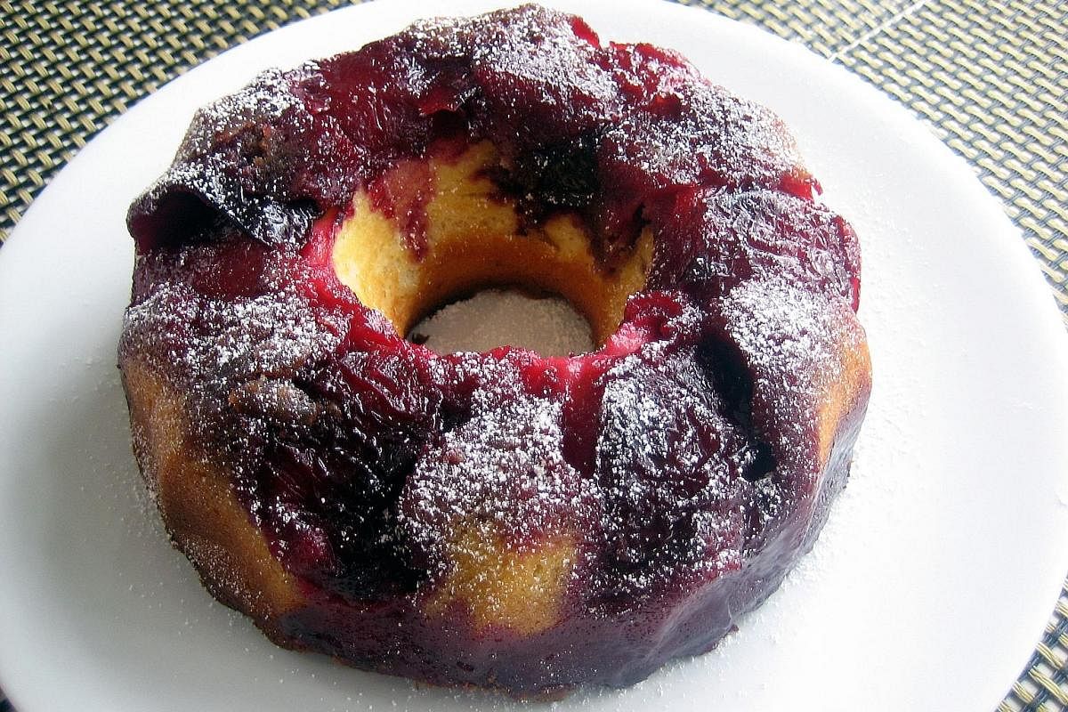 Fruit is baked below the cake mixture, then turned upside down to become the topping.