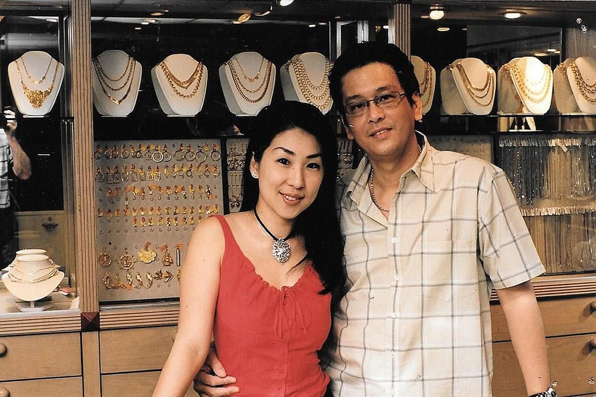 Mr Thomis Kwan and Ms Caroline Tay at Foundation Jewellers in the early 2000s (above) and with their children Diana, Joshua and Titus recently.