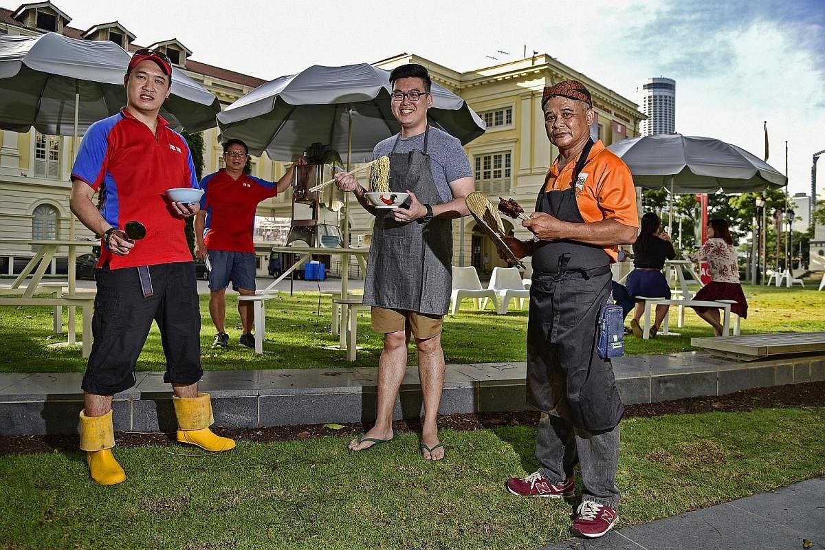 Taking part in a hawker food event outside the Asian Civilisations Museum on May 12 and 13 are (from far left) Jin Jin Dessert co-owners Ewan Tang, 39, and Calvin Ho, 54; Cho Kee Noodle's Mr Jonathan Cho, 29; and Mr Mohd Zainal Elias, 57, from Opah S