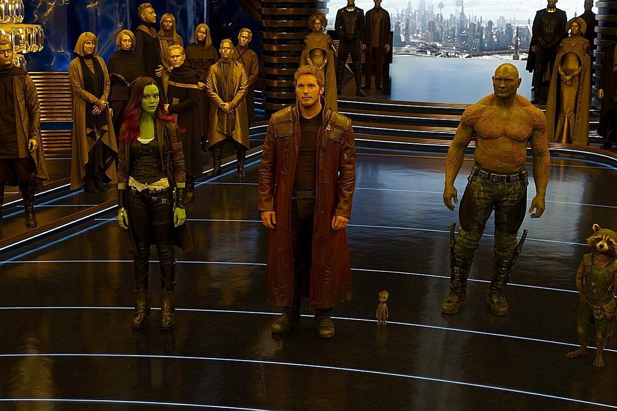 (From left) Warrior Gamora (Zoe Saldana), half-human, half-alien Quill (Chris Pratt), sentient plant Groot (voiced by Vin Diesel), convict Drax (Dave Bautista) and Rocket (voiced by Bradley Cooper) in Guardians Of The Galaxy Vol. 2.