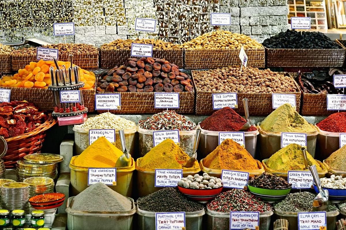 A variety of unique spices, dried fruit and nuts can be found at the bazaars in Istanbul, Turkey.