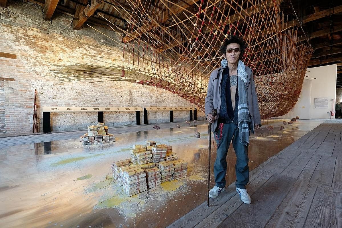 Artist Zai Kuning with his work, Dapunta Hyang: Transmission Of Knowledge. It is on show at the Singapore Pavilion at the Venice Biennale until Nov 26.