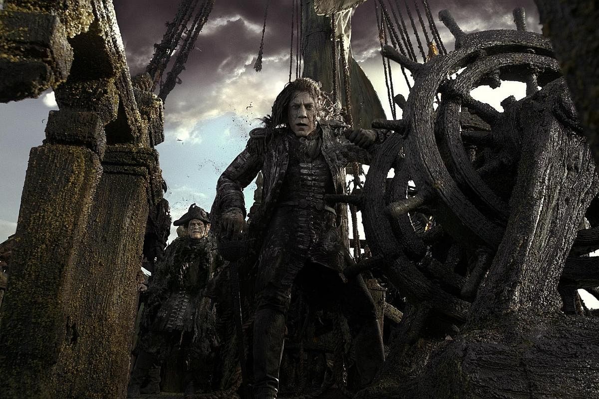 Spanish actor Javier Bardem plays raging villain Salazar (above) alongside Johnny Depp as Captain Jack Sparrow and Orlando Bloom as Captain Will Turner.