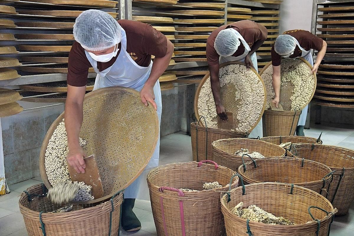 After four to seven days of fermentation indoors, the soya beans are transferred to baskets to be taken to the vats of brine in the courtyard where the fermentation process will continue under the sun. Ms Hannah Woo and factory worker Saw Lae Ka Lae 