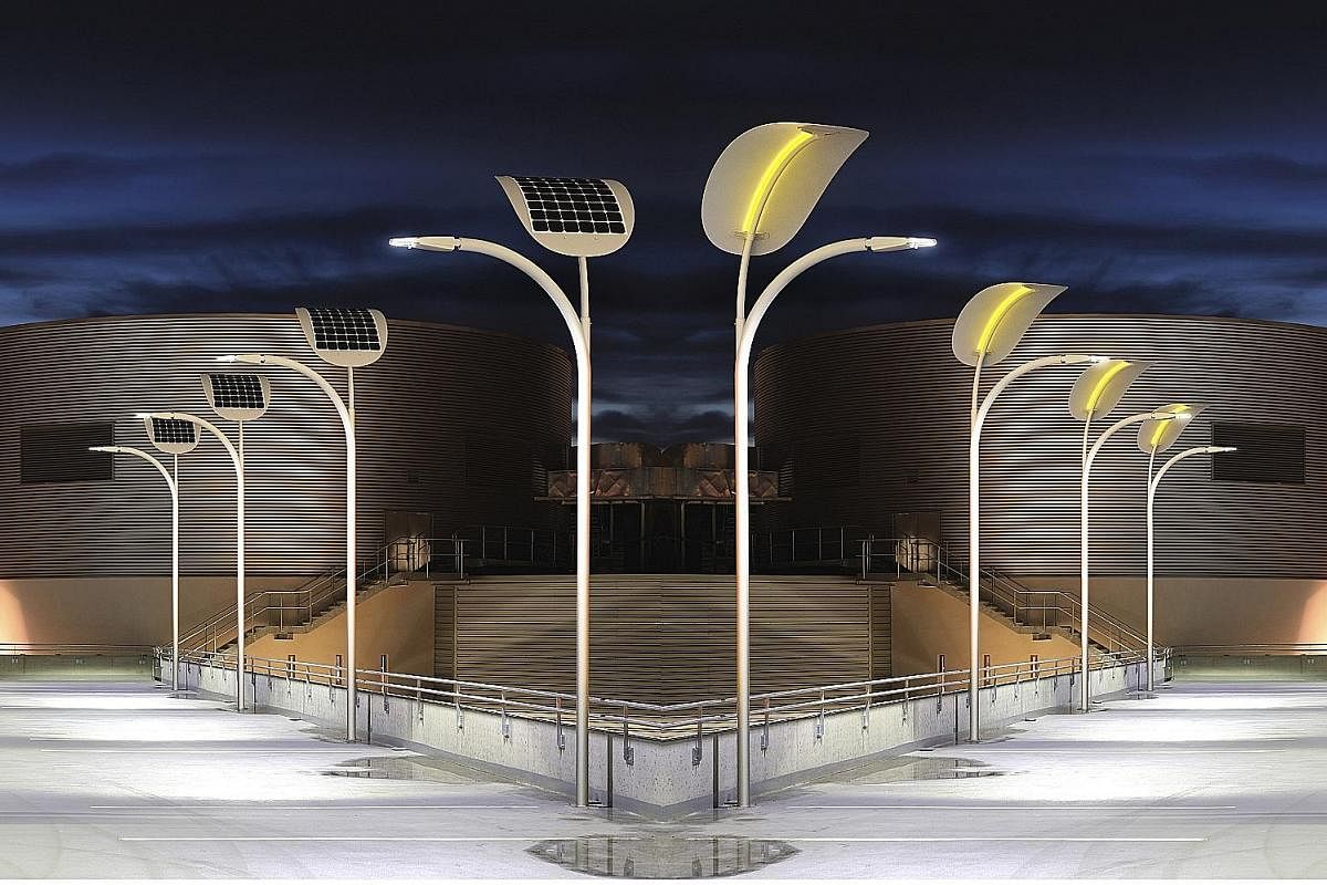 Solar-powered street lights can turn on and off when people pass by. EnGoPlanet's solar power project in Las Vegas aims to harness pedestrian power as well as the sun's energy to light up street lamps.