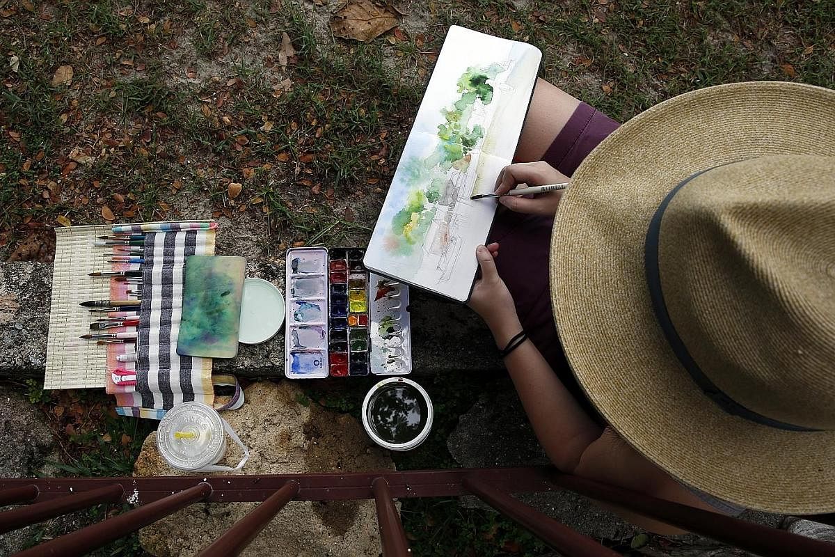 Artist Tham Pui San has been running art sessions at various venues. Members of Urban Sketchers Singapore were at Changi Village last Saturday capturing the neighbourhood's sights and natural scenery in pencil, pen, charcoal, watercolour or oil paint