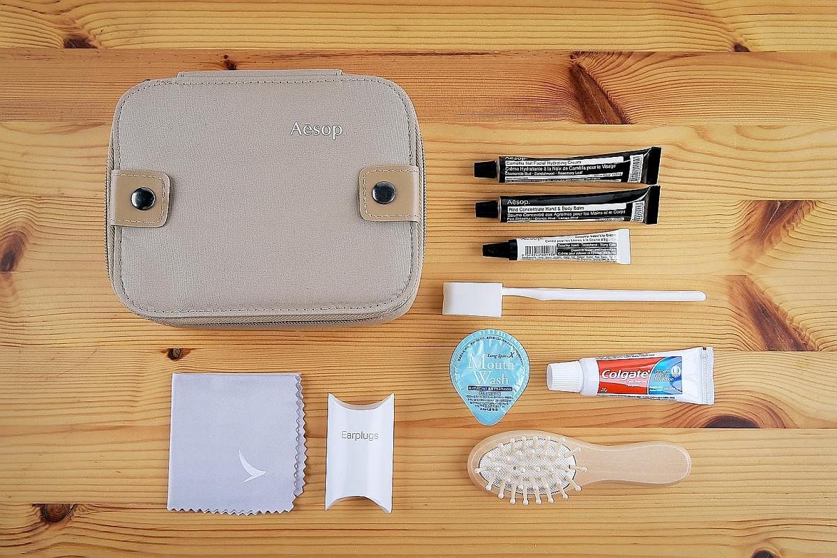 Cathay Pacific's first class amenity kit (above).