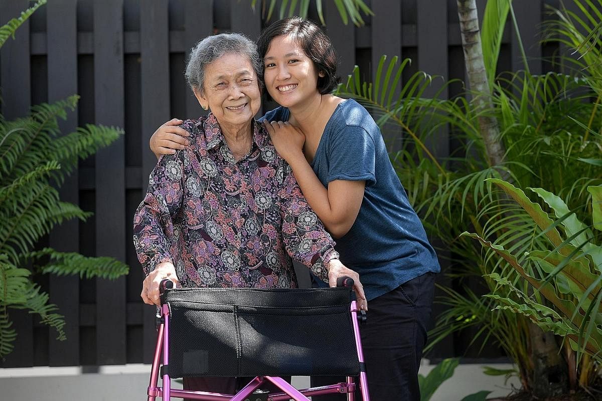 Although Mrs Amta Mama, 82, lives in Singapore and her grandson Aziz Mama, 25, lives in the United States, they are still close to each other. Madam Lily Tan, 94, helps her granddaughter Lee Chang Xi, 29, test eldercare products, such as mobility aid