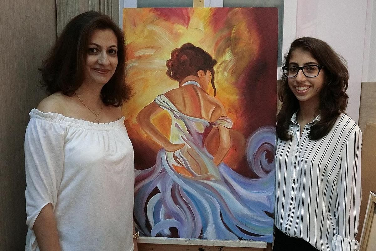 Rukshana Driver, 16, with her mother Daisy, 45, posing with an artwork the teenager did around the age of 12. Ten-year-olds Kimaya Bhuta and Annette Yeong with a trainer at Kids Performing Academy Of The Arts.