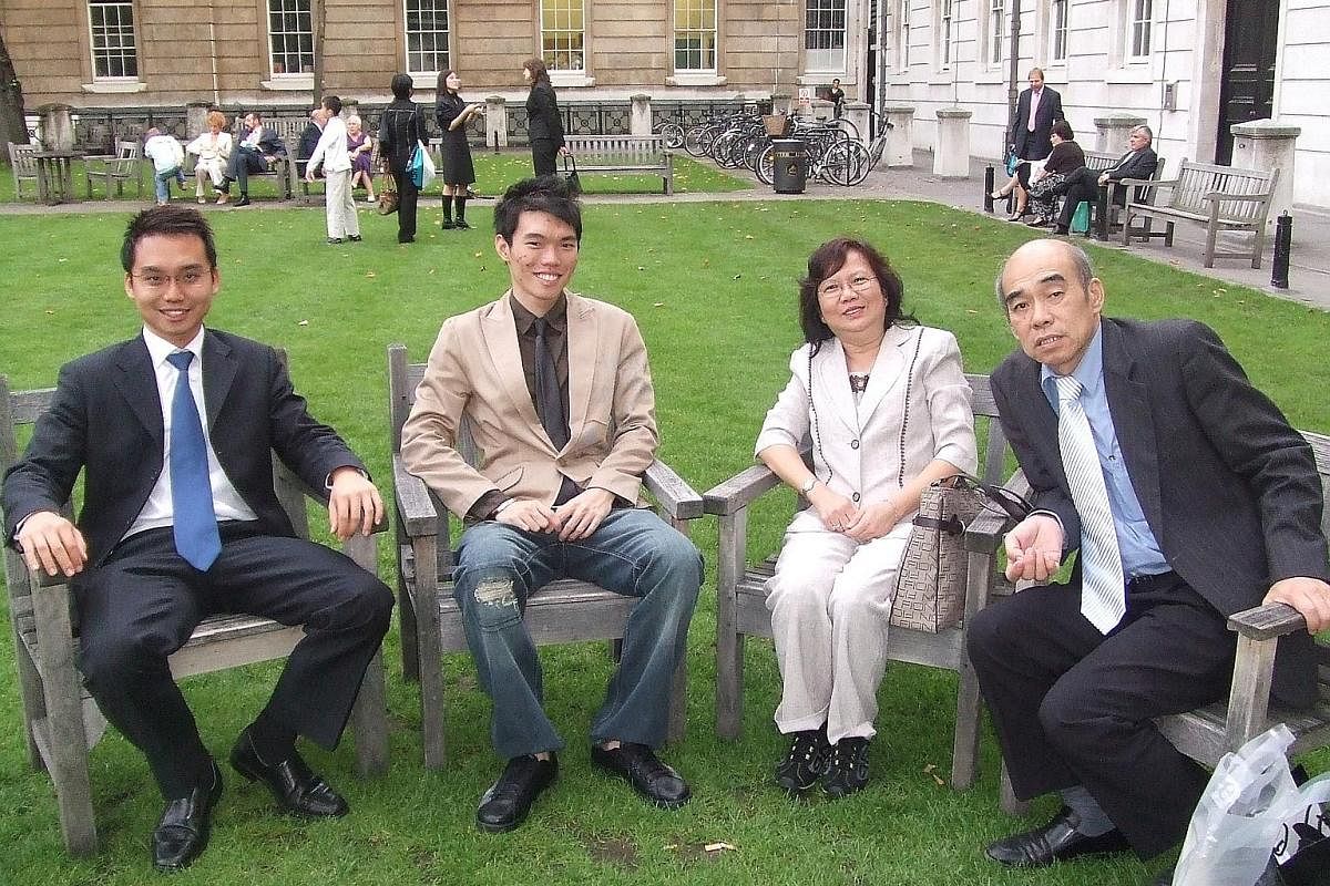 Mr Declan Ee (right), with his younger brother Darian, mother Teo Eng Ai and father Ee Kong Ngik at his graduation ceremony at University College London in 2006. Mr Declan Ee (left) with his now wife Sheryl Ang and former flatmate Jason Er during a s