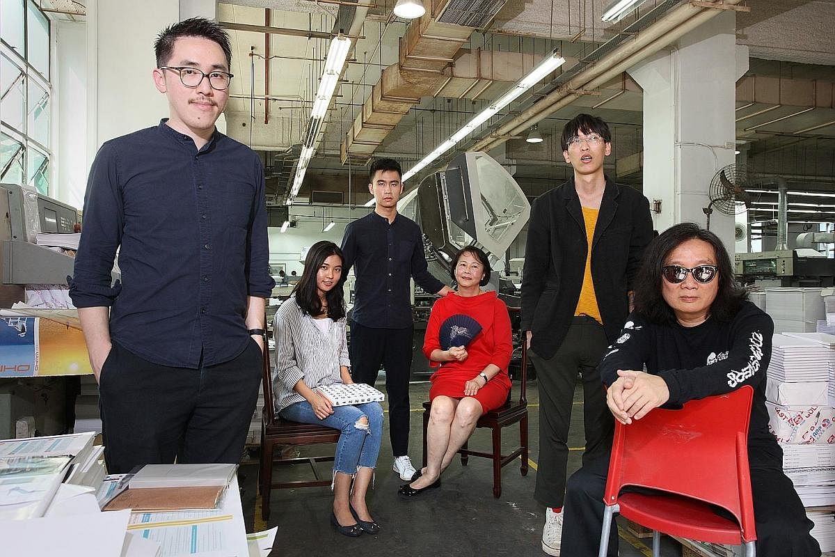 The people behind the notebook project include (from far left) Mr Jonathan Yuen from Roots; Ms Suzette Josephine and Mr Jiahui Tan from Fable; Ms Junny Saw of specialist printer Dominie Press; Mr Tan Yanda of Do Not Design; and Mr Theseus Chan of Work. 