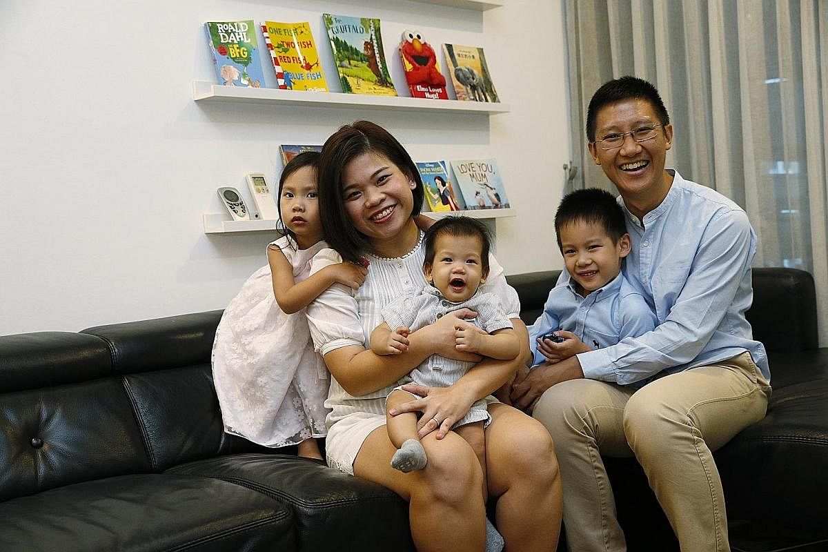 Mrs Rachel Fong with her husband Fong Xiongkun and their children (from far left) Victoria, Mark and Micah. Mr Kenny Leong, his wife Sophia Leong, son Emmanuel and daughter Elissa believe in apologising to one another after a conflict.