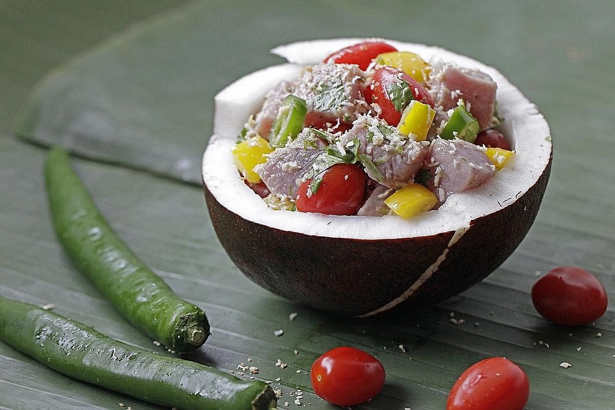Riffing on poisson cru, a Tahitian dish of raw fish marinated with coconut milk.