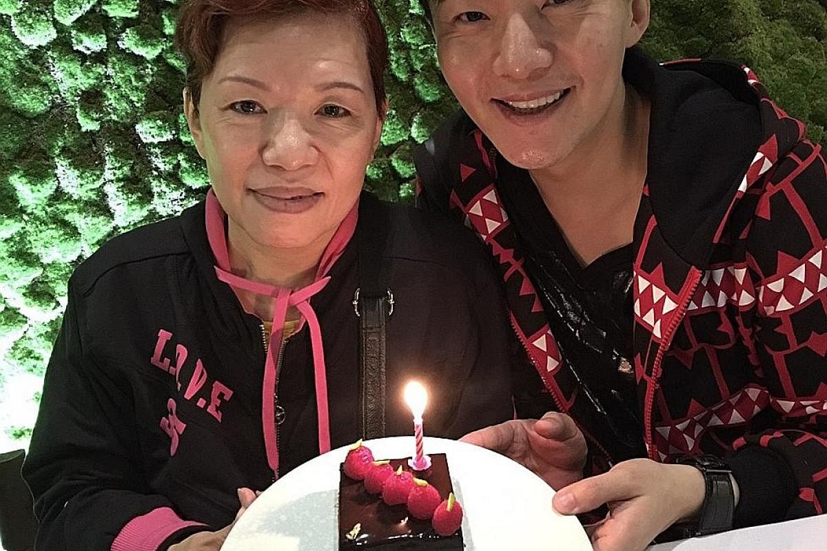 My life so far: Hao Hao, nine, with his mother; performing in a getai show in Taipei when he was 18; and celebrating his mum’s birthday last year (above).