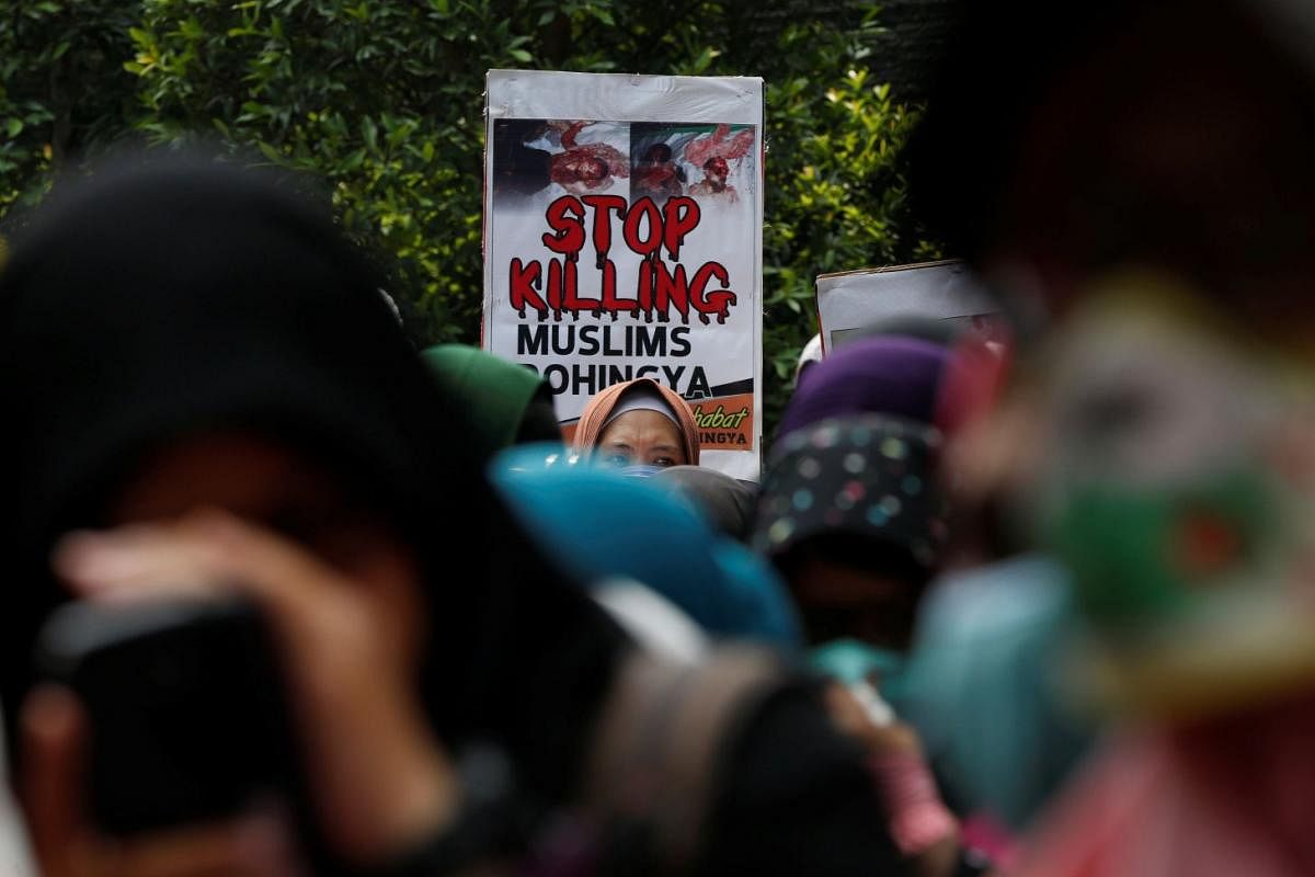 Muslim women activists at a rally in support of the Rohingya minority outside the Myanmar embassy in Jakarta, Indonesia, yesterday.