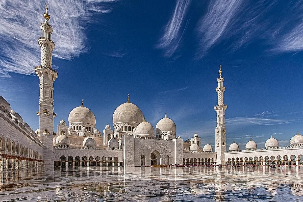 The Sheikh Zayed Grand Mosque in Abu Dhabi, United Arab Emirates, can accommodate more than 40,000 people.