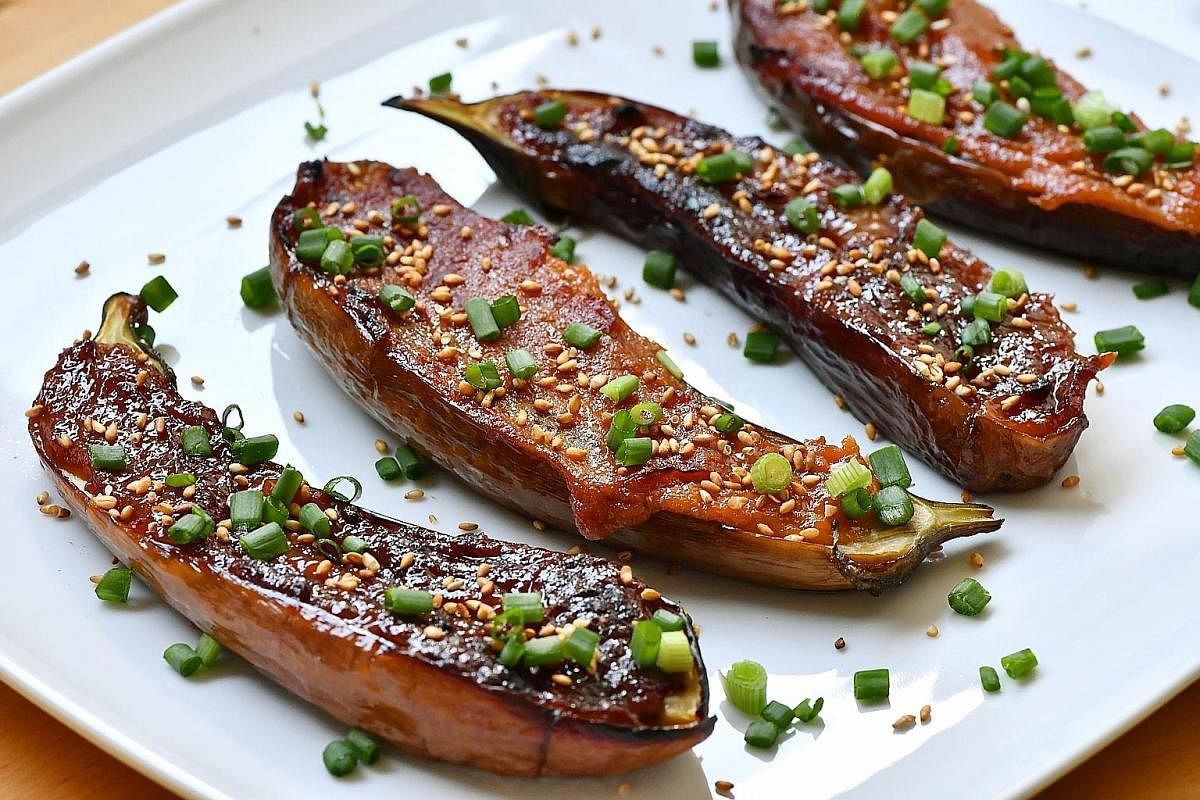 Eating the miso-glazed eggplant with rice mitigates some of the saltiness from the miso.