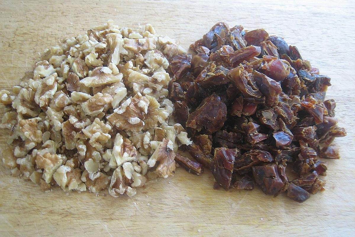 Chopped walnuts (above left) and chopped pitted dates (above right).