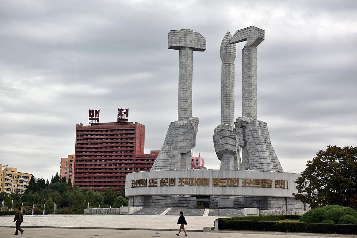 The Monument to Party Founding in Pyongyang is dedicated to the setting up of the Workers' Party of Korea. It is rich in symbolism, with the hammer representing workers, the sickle symbolising farmers and the calligraphy brush denoting intellectuals.