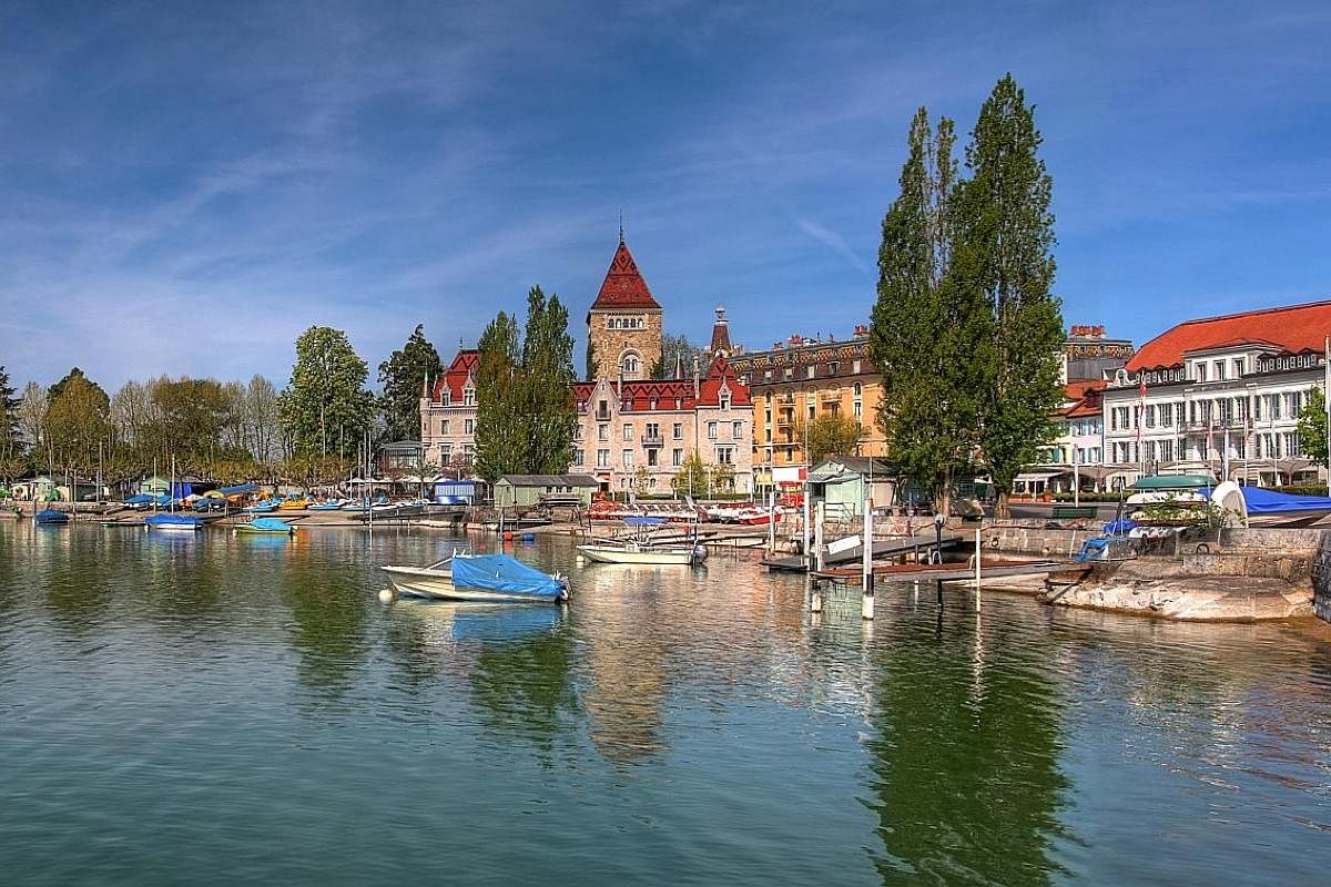 The Ouchy area of Lausanne has a cluster of hotels, including the Chateau d'Ouchy (centre).