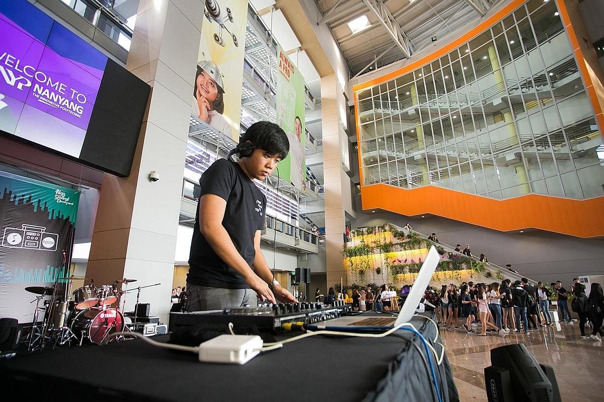 A member of the Live Audio CCA (above) at Nanyang Polytechnic taking the decks. Members of SMU Barworks, a CCA group at the Singapore Management University, are cocktail-making and bartending enthusiasts.