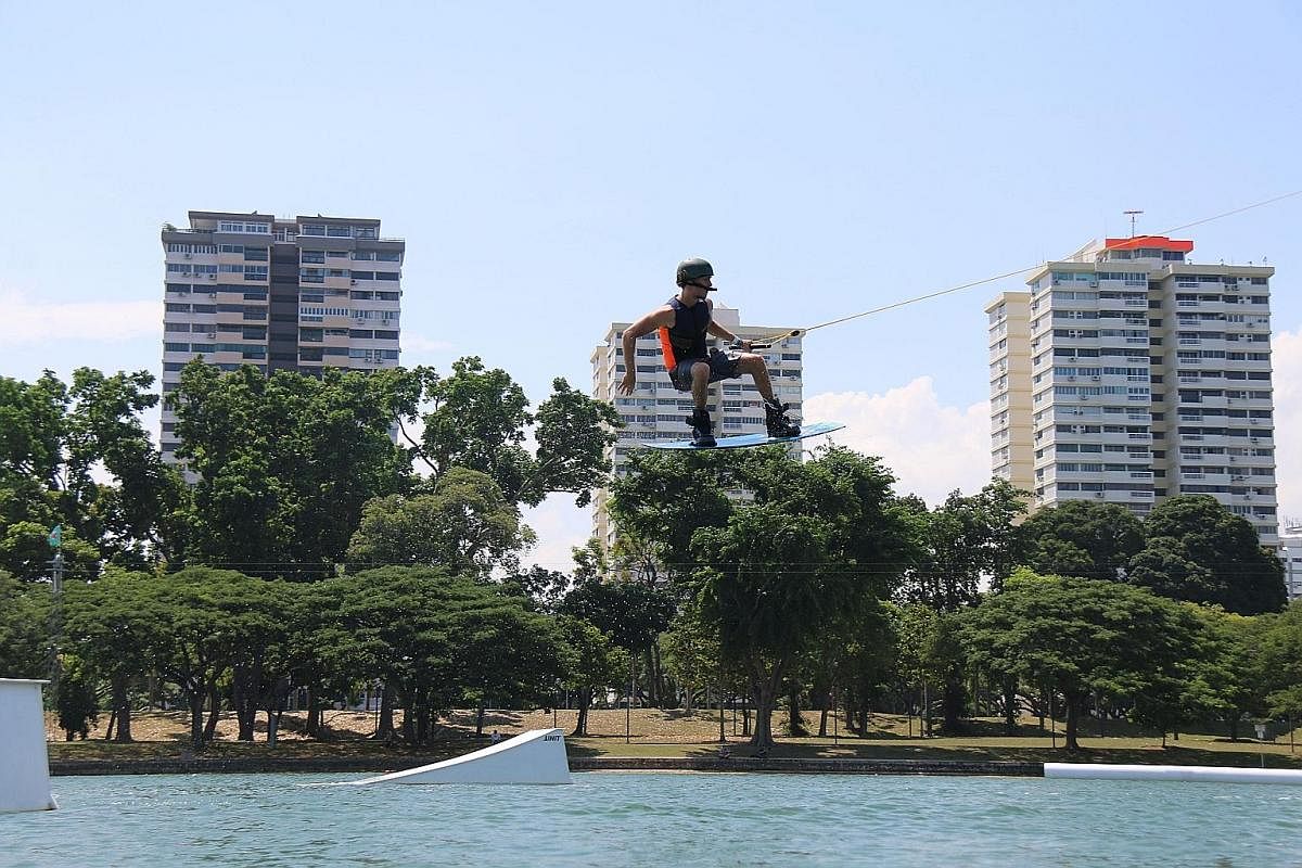 Get going with some water stunts at the Singapore Wake Park. Ms Joon Chyi Huey goes to Aloha Sea Sports Centre at least once a week to windsurf.