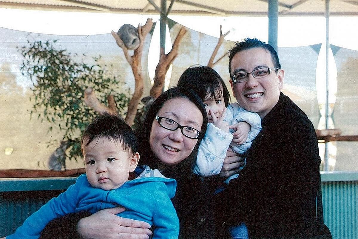 (Left) Ms Daphane Loke as a toddler with her father, Mr Cliff Loke, and elder sister, Alicia. (Right) She and her husband, Mr Ian Choo, on a holiday in Perth two years ago with their children, Logan and Lorraine. Ms Daphane Loke started Saybons as a 