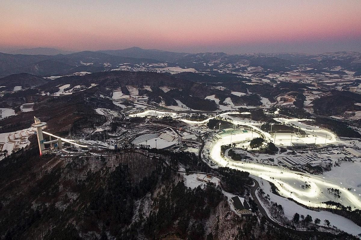 A bird's eye view of Pyeongchang's Winter Olympics venues - (from left) the Alpensia Ski Jumping Centre, Alpensia Cross-Country Skiing Centre and Alpensia Biathlon Centre.