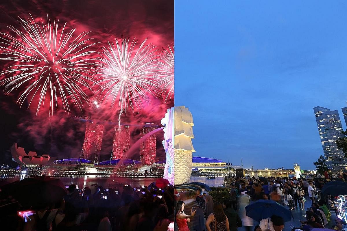 7.28pm, Dec 31, 2017 (right): A woman takes a selfie with Singapore's iconic landmarks - the Merlion and Marina Bay Sands-in the background. 9:05pm, Countdown to 2018 on New Year's Eve (left): Attention turns to the sky as it is lit by a fireworks display